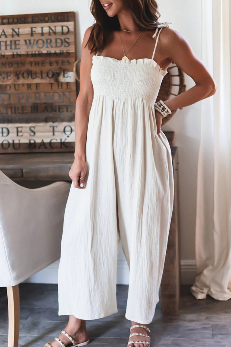 Elegant Solid Frenulum Solid Color Spaghetti Strap Loose Jumpsuits White