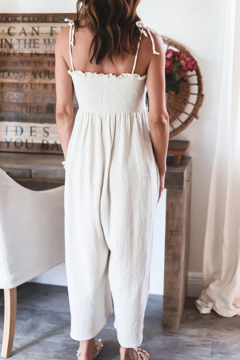 Elegant Solid Frenulum Solid Color Spaghetti Strap Loose Jumpsuits