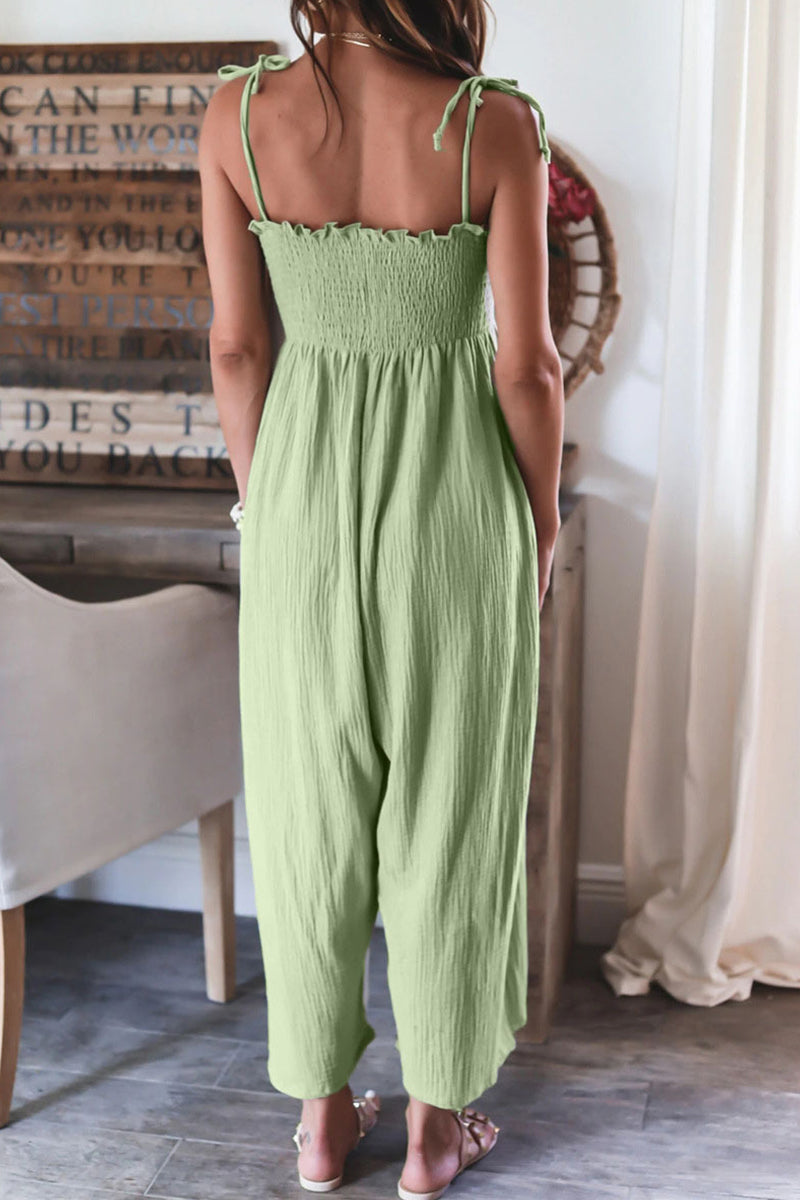 Elegant Solid Frenulum Solid Color Spaghetti Strap Loose Jumpsuits