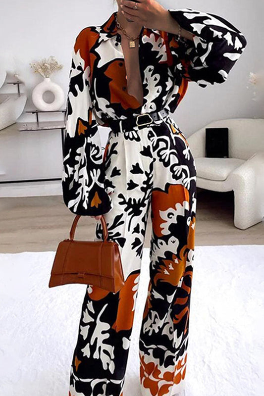 Casual Print Patchwork Buckle Turndown Collar Long Sleeve Two Pieces White