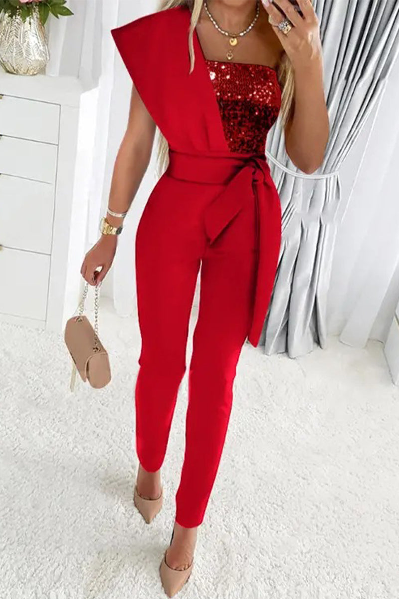 Sweet Elegant Patchwork Sequins Asymmetrical Collar Regular Jumpsuits(5 Colors) Red