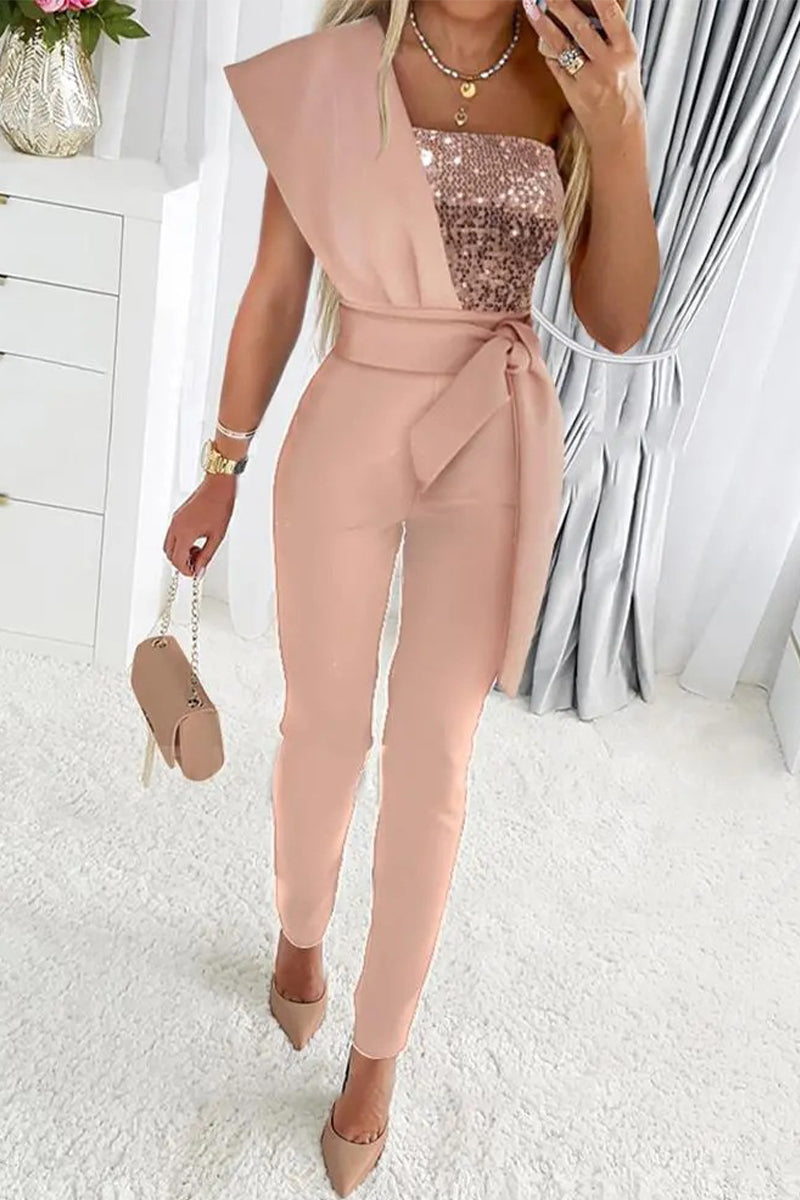 Sweet Elegant Patchwork Sequins Asymmetrical Collar Regular Jumpsuits(5 Colors) Apricot