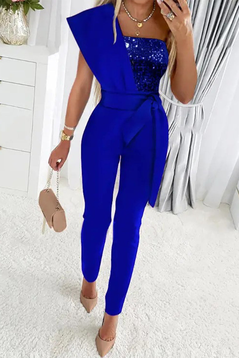 Sweet Elegant Patchwork Sequins Asymmetrical Collar Regular Jumpsuits(5 Colors) Blue