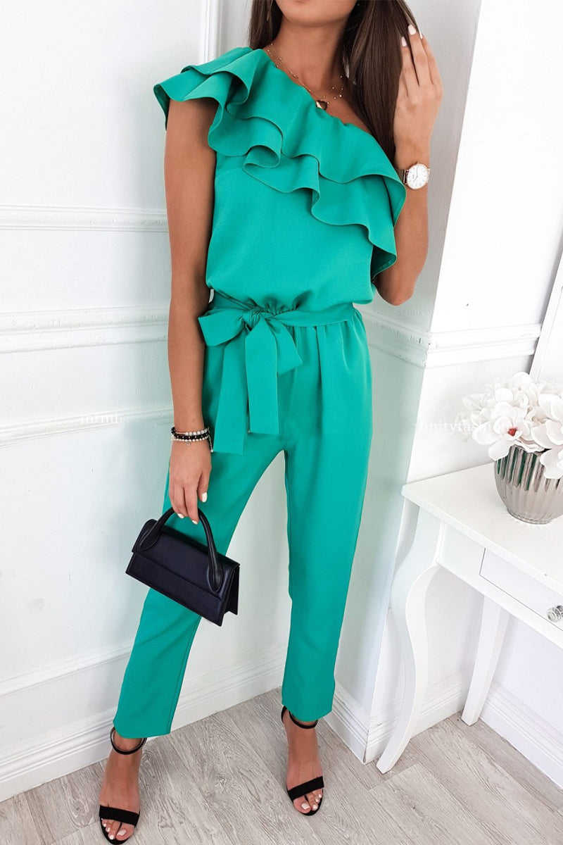 Sweet Elegant Solid Flounce Oblique Collar Regular Jumpsuits(5 Colors) Green