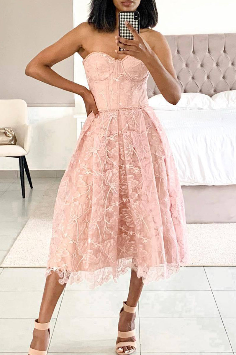 Print Patchwork Strapless Irregular Dress Dresses(6 Colors) Pink