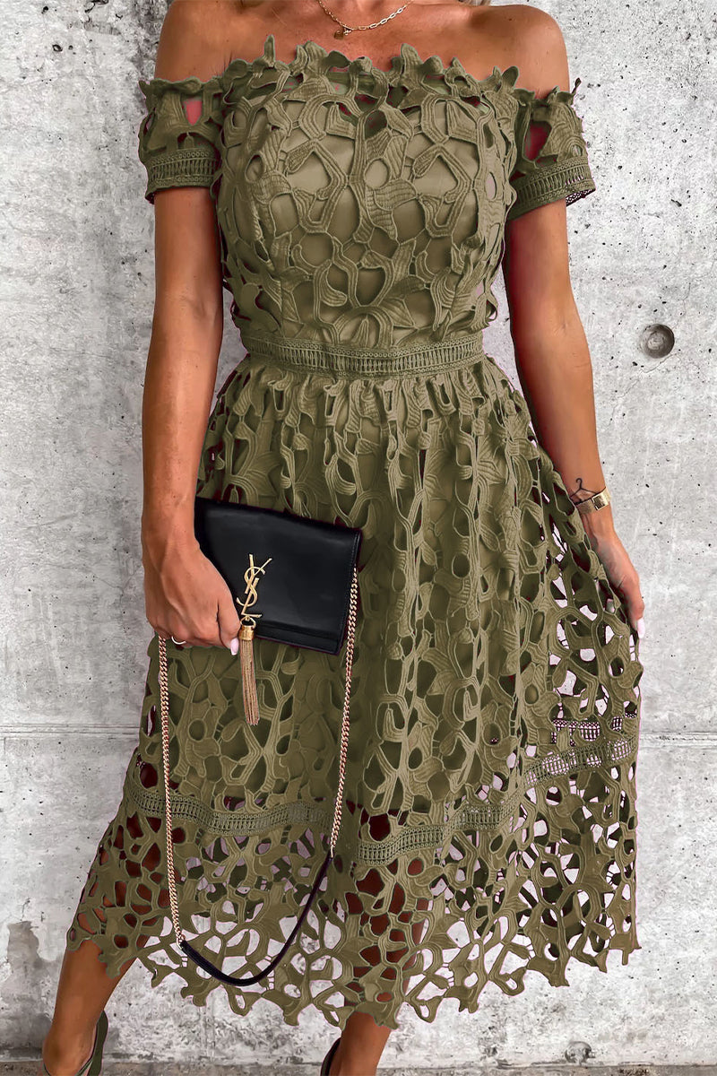 Sweet Elegant Solid Hollowed Out Backless Off the Shoulder A Line Dresses Olive Green