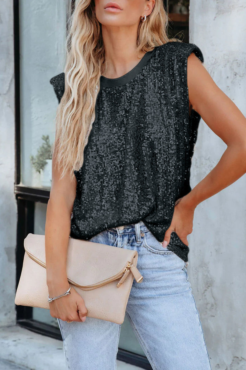 Solid Sequins O Neck Tops Black