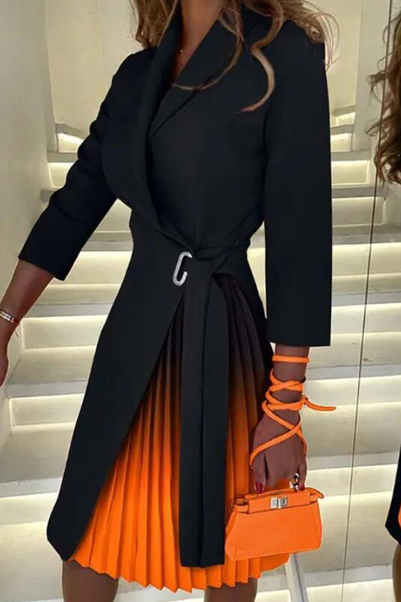 Elegant Color Block Contrast V Neck A Line Dresses Black Orange