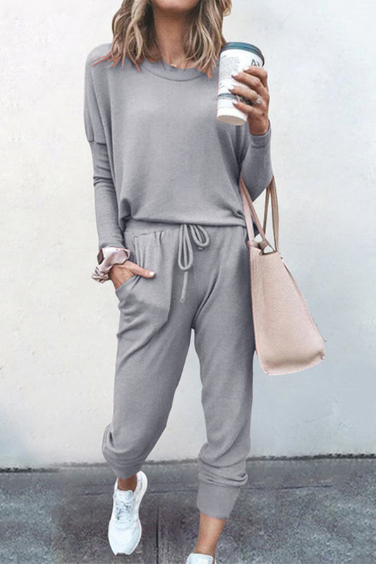 Casual Solid Asymmetrical Solid Color O Neck Long Sleeve Two Pieces Grey