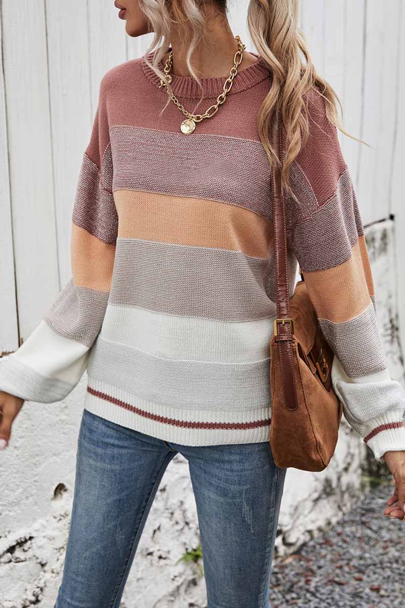 Casual Striped Pullovers O Neck Sweaters Pink