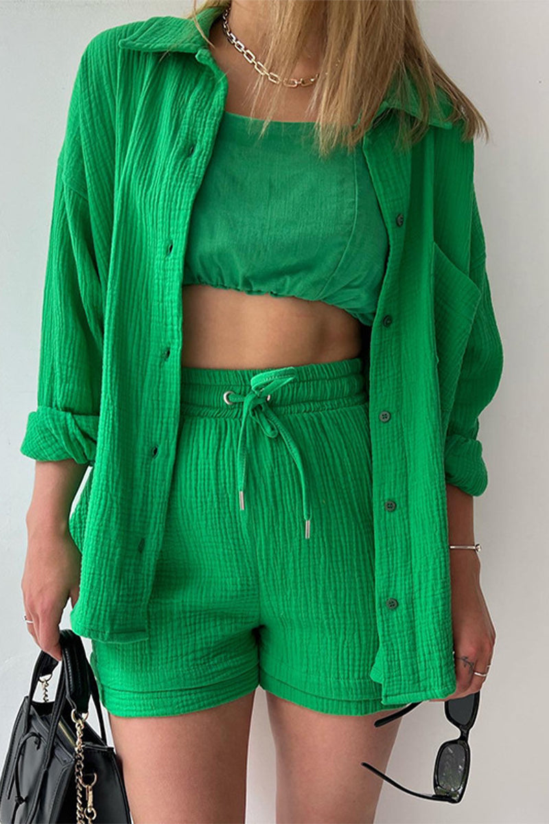 Casual Simplicity Solid Fold Turndown Collar Long Sleeve Two Pieces(6 Colors) Green