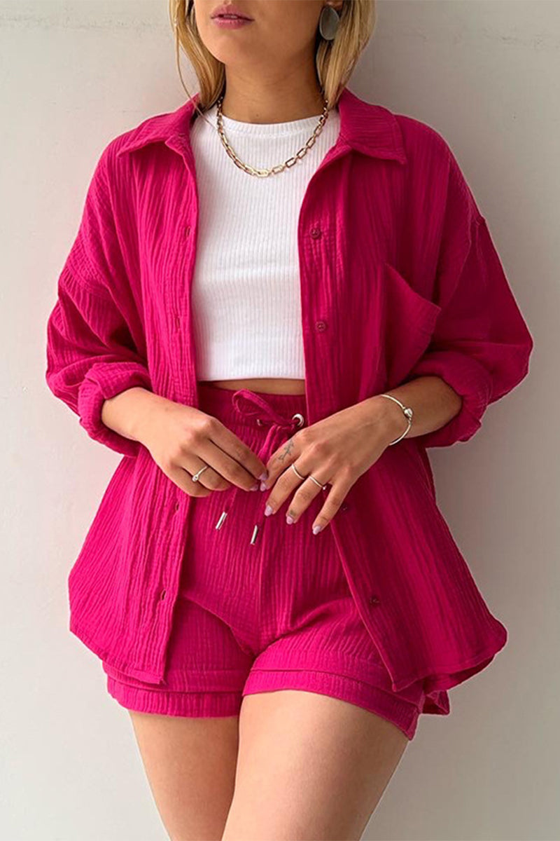 Casual Simplicity Solid Fold Turndown Collar Long Sleeve Two Pieces(6 Colors) Rose Red