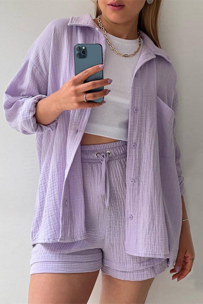 Casual Simplicity Solid Fold Turndown Collar Long Sleeve Two Pieces(6 Colors) Light Purple