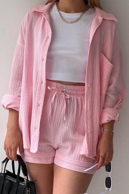 Casual Simplicity Solid Fold Turndown Collar Long Sleeve Two Pieces(6 Colors) Pink