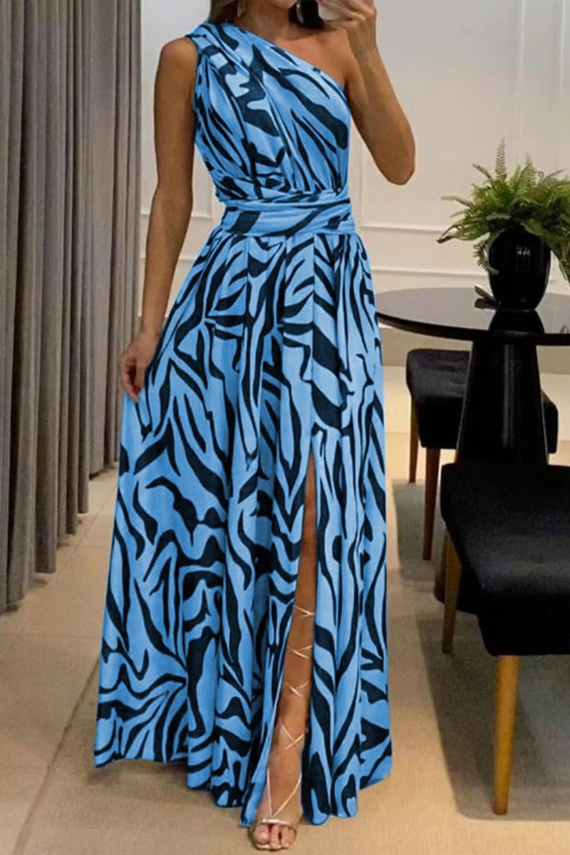 Sexy Casual Print Patchwork Backless Slit Oblique Collar Long Dress Blue