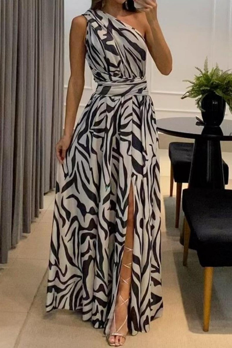 Sexy Casual Print Patchwork Backless Slit Oblique Collar Long Dress Black