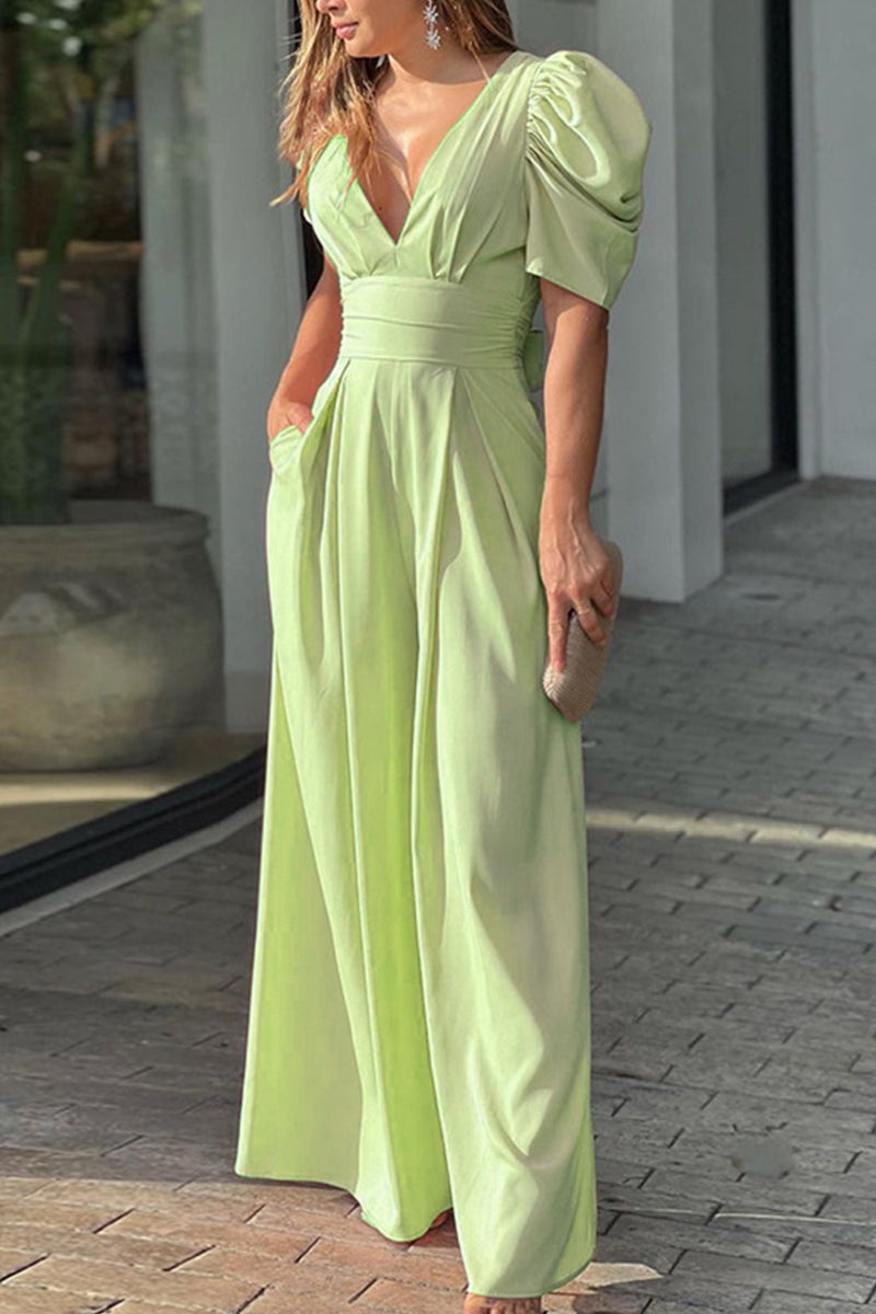 Elegant Solid Backless Solid Color V Neck Jumpsuits Light Green