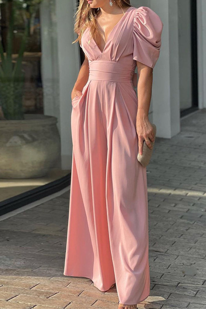 Elegant Solid Backless Solid Color V Neck Jumpsuits Pink