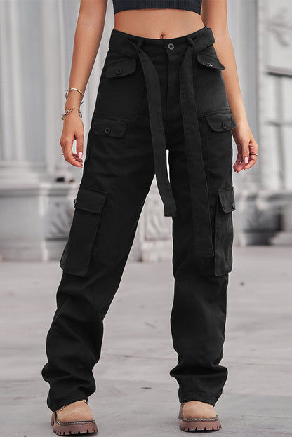 Street Solid Patchwork Pocket Loose Straight Patchwork Bottoms(4 Colors) Black