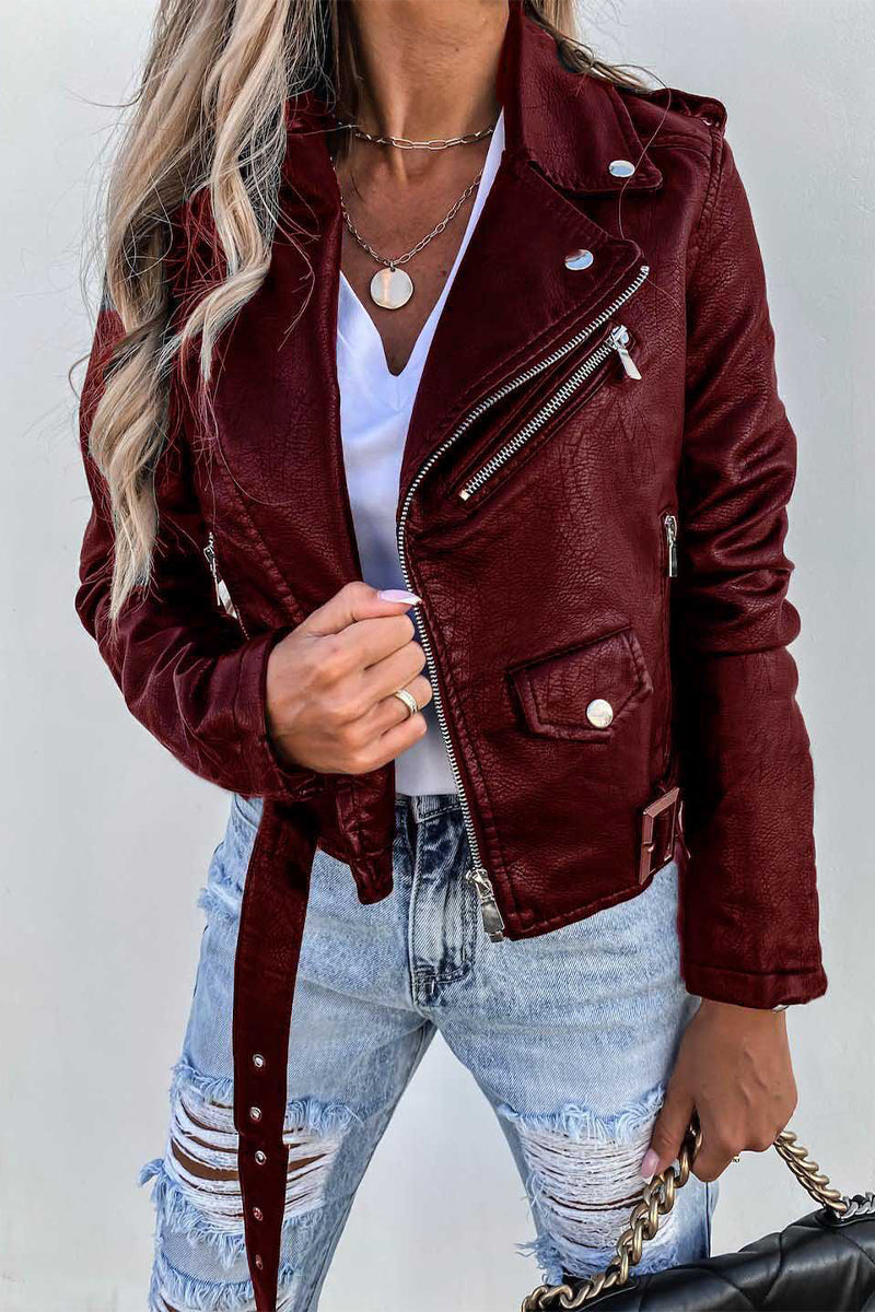 Street Solid Zipper Turndown Collar Outerwear Burgundy