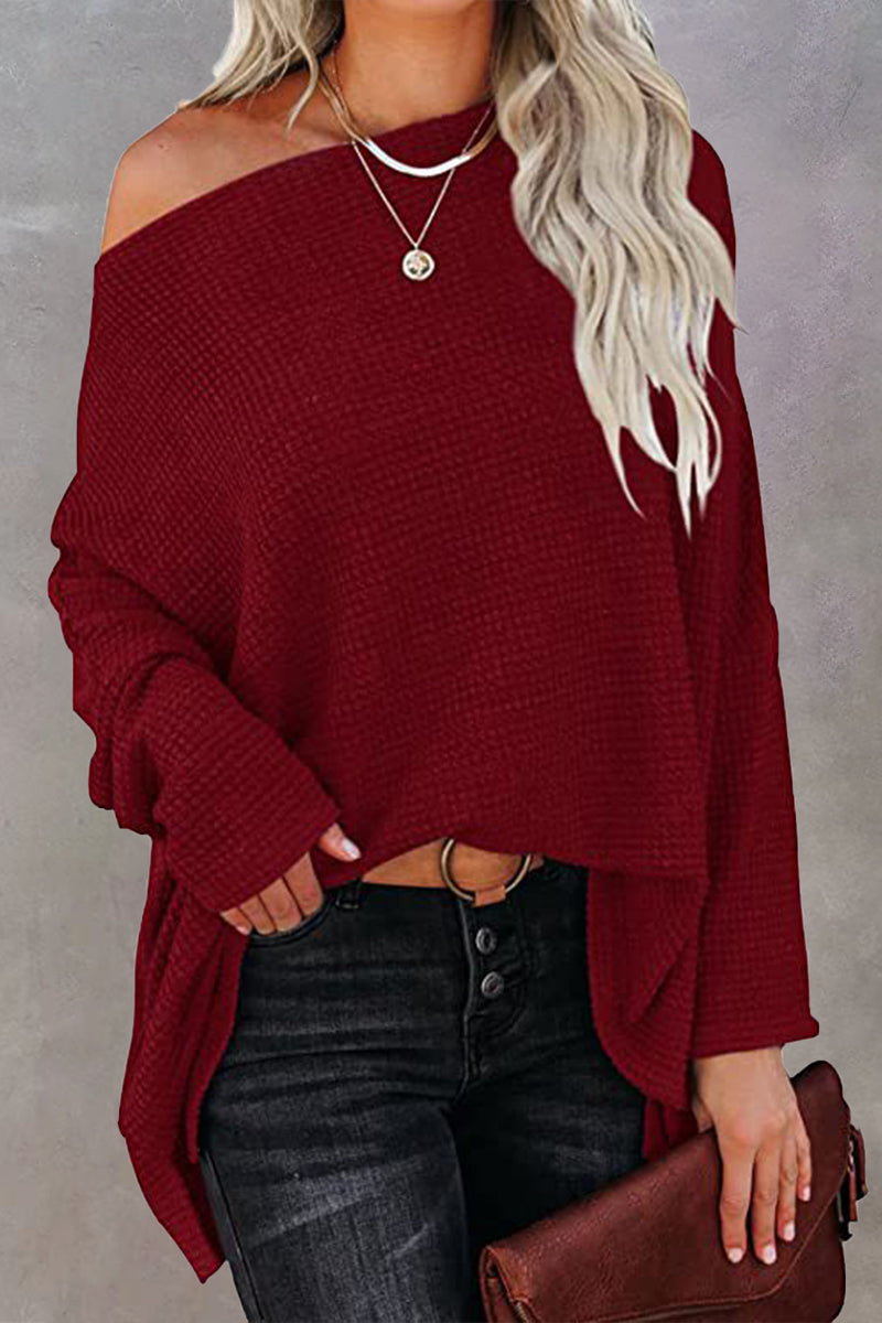 Casual Solid Solid Color Oblique Collar Tops Burgundy