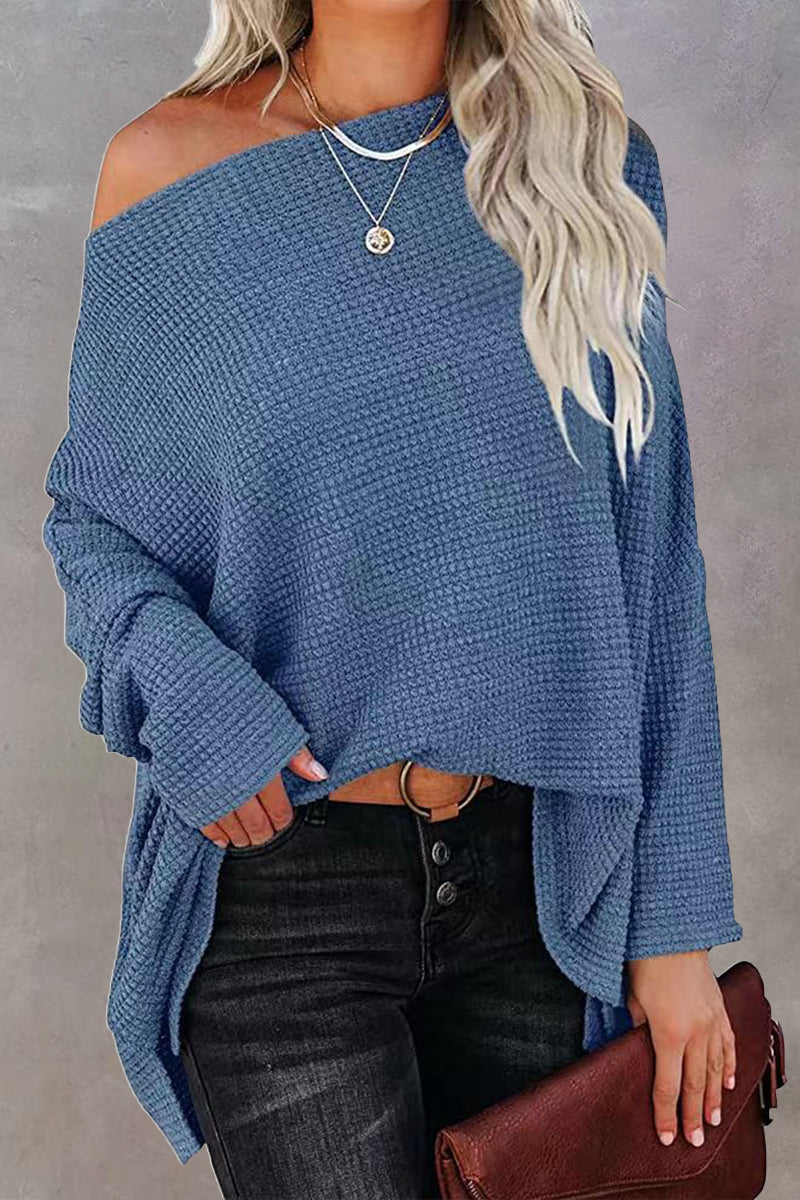 Casual Solid Solid Color Oblique Collar Tops Deep Blue