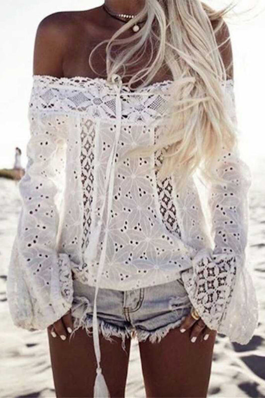 Solid Embroidered Off the Shoulder Tops White