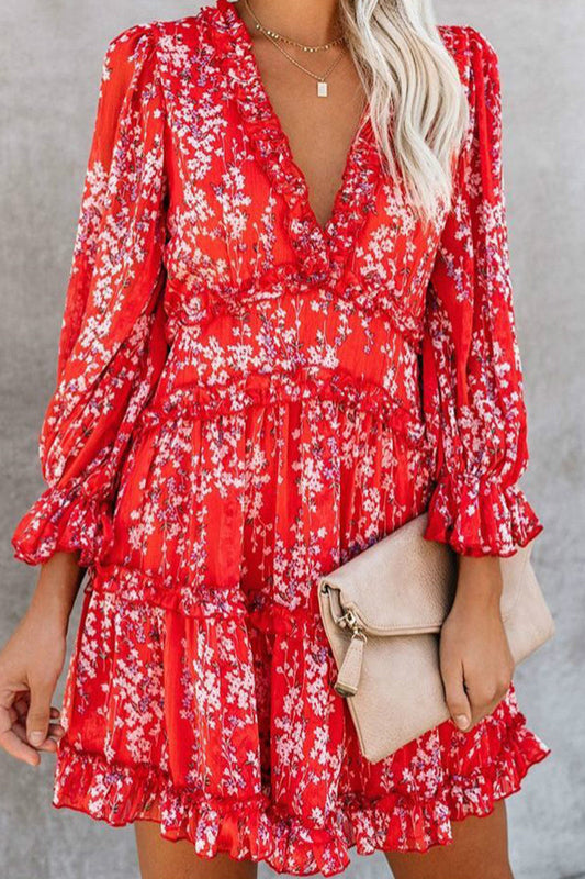 Sweet Print Printing V Neck A Line Dresses Red