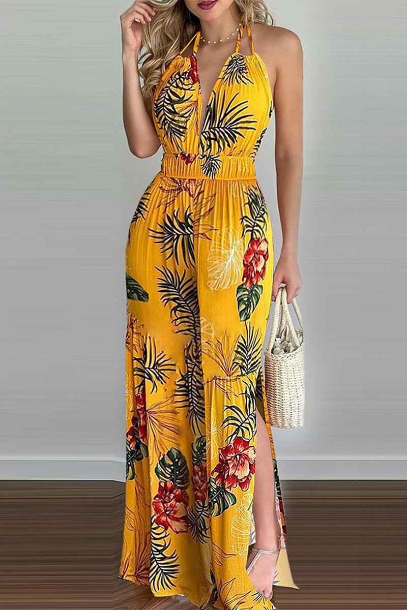 Casual Simplicity Print Spaghetti Strap Loose Jumpsuits(6 Colors) Yellow