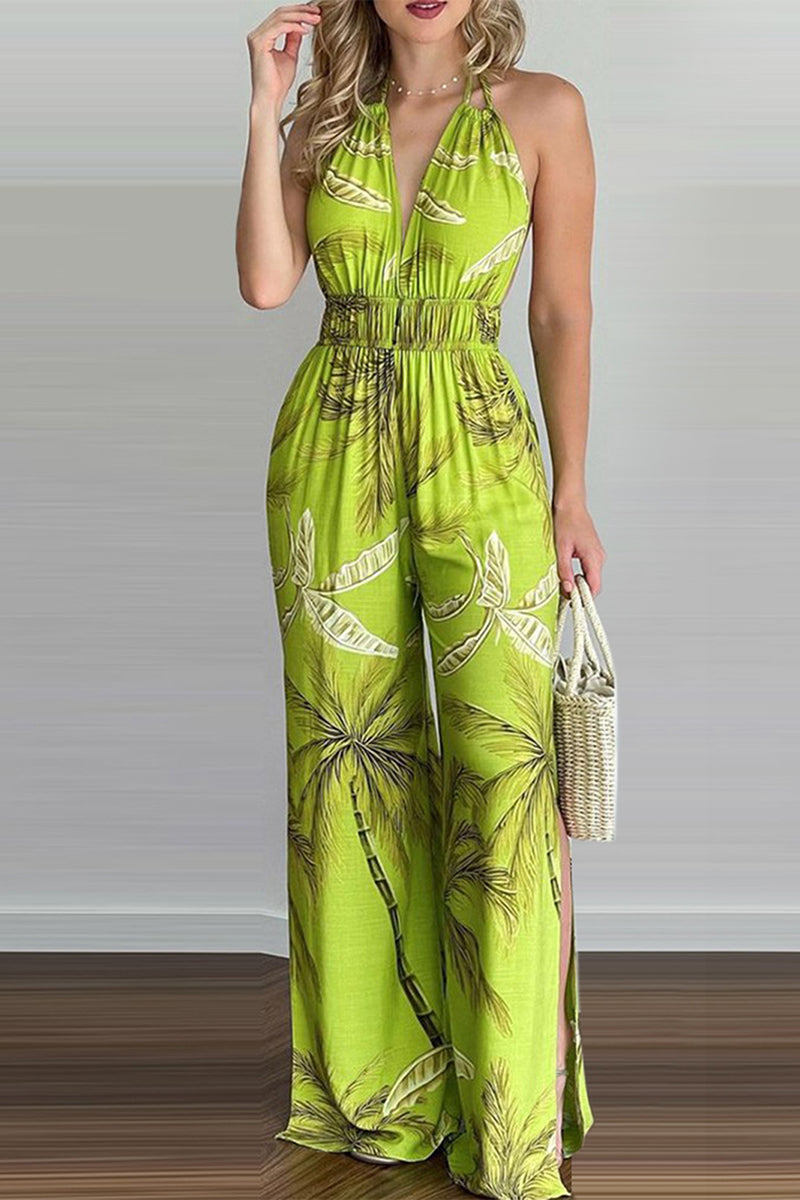 Casual Simplicity Print Spaghetti Strap Loose Jumpsuits(6 Colors) Green