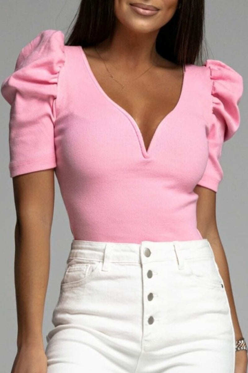 Casual Simplicity Solid V Neck Blouses(6 Colors) Pink