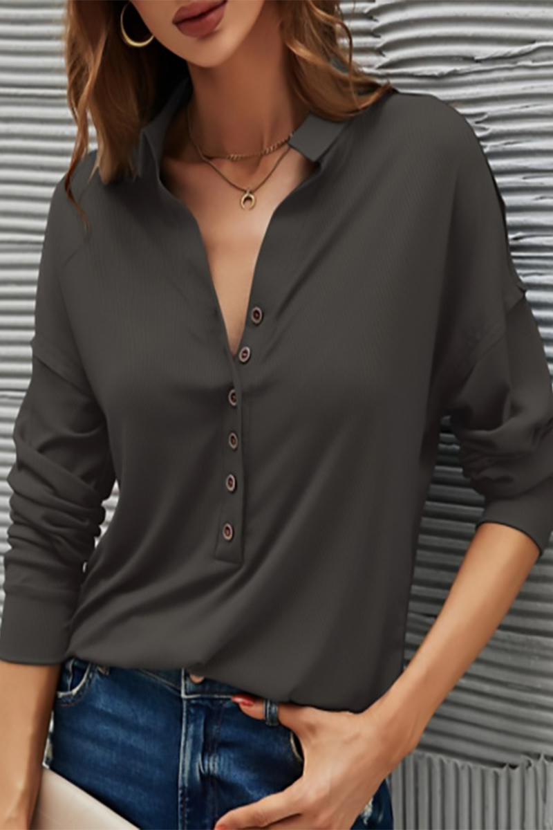 Casual Solid Buttons Solid Color Turndown Collar T-Shirts Dark Gray