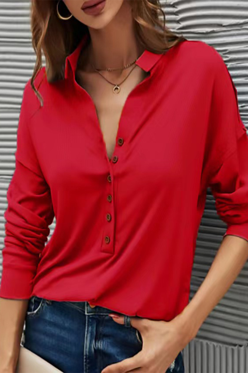 Casual Solid Buttons Solid Color Turndown Collar T-Shirts Red