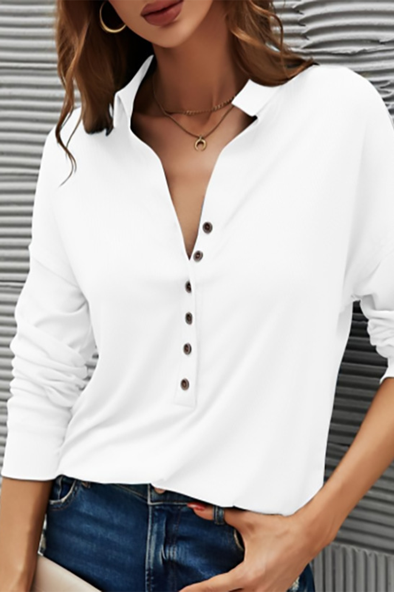 Casual Solid Buttons Solid Color Turndown Collar T-Shirts White