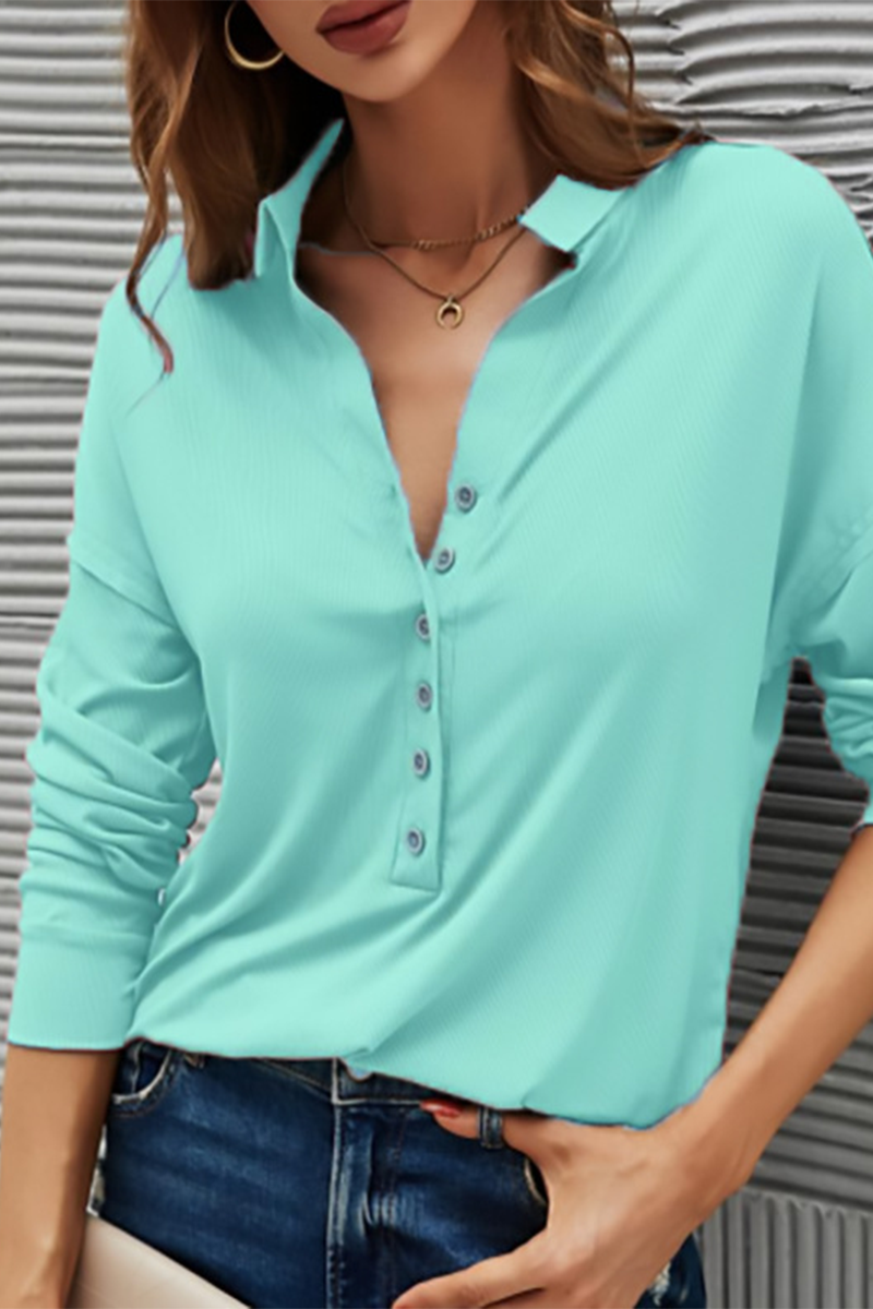 Casual Solid Buttons Solid Color Turndown Collar T-Shirts Lake Blue