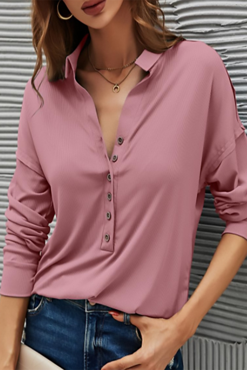 Casual Solid Buttons Solid Color Turndown Collar T-Shirts Brick Red