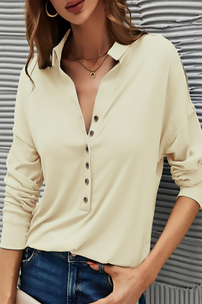 Casual Solid Buttons Solid Color Turndown Collar T-Shirts Apricot