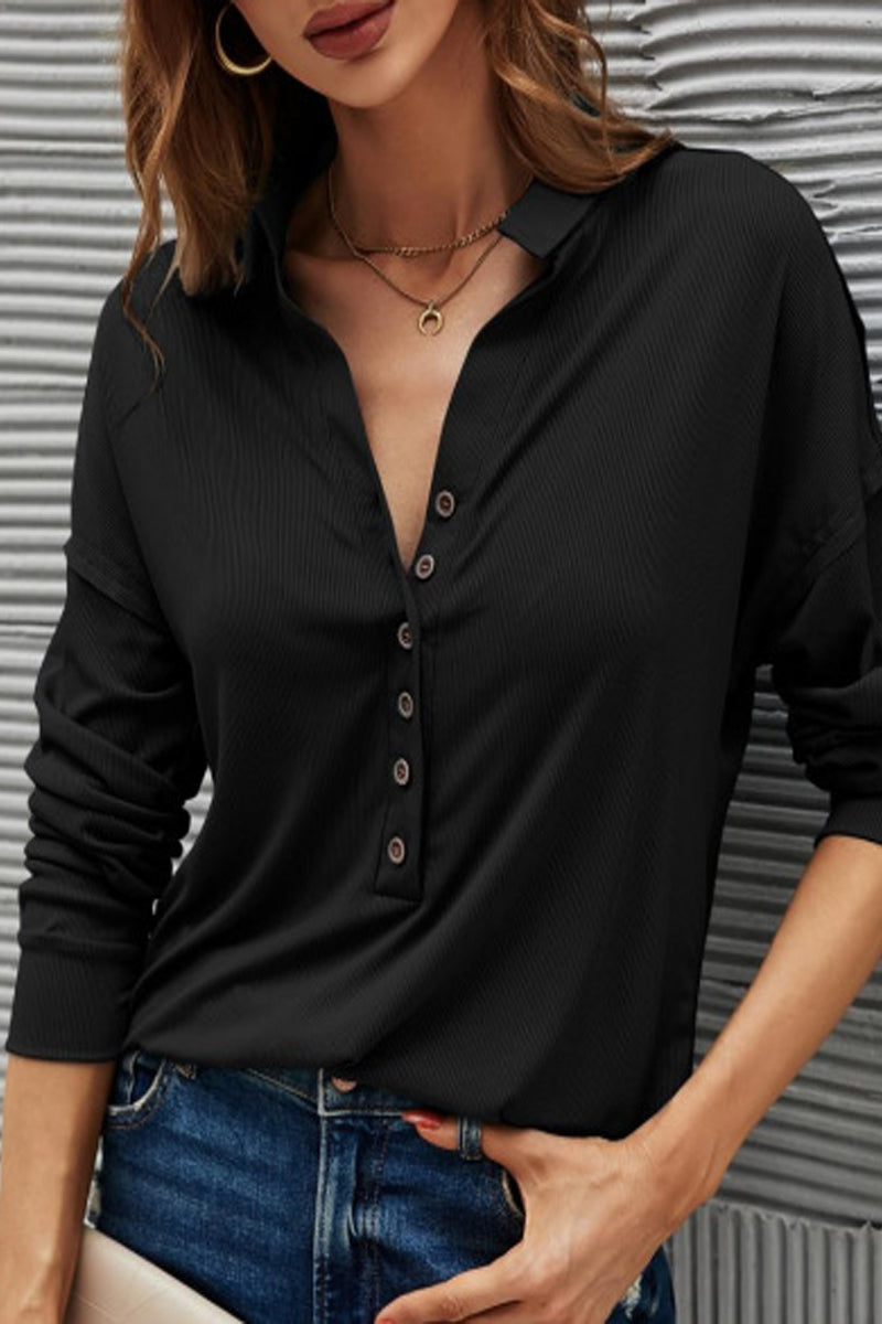 Casual Solid Buttons Solid Color Turndown Collar T-Shirts Black