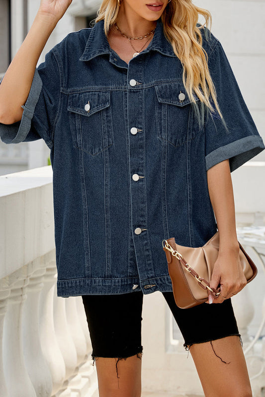 Street Solid Pocket Turndown Collar Half Sleeve Loose Denim Jacket Blue