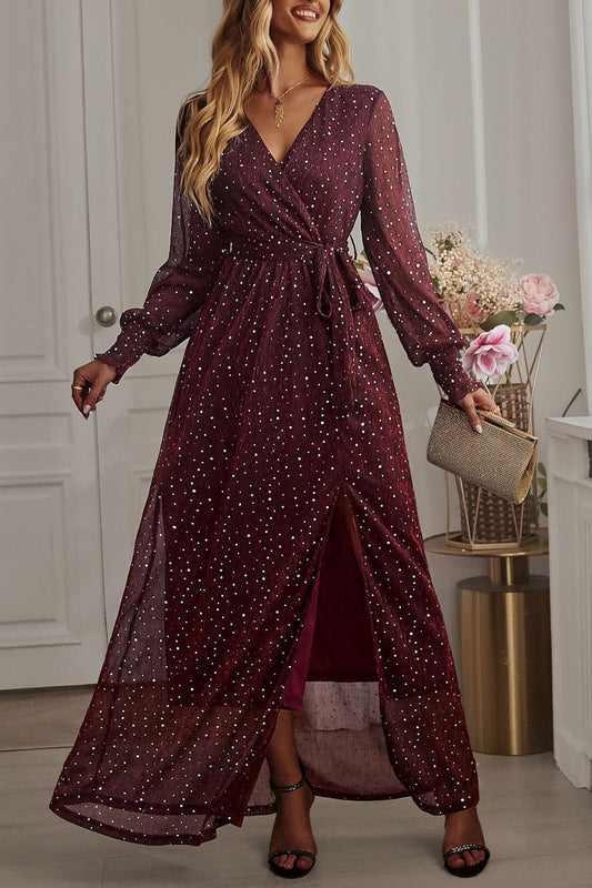 Elegant Formal Solid With Belt V Neck A Line Dresses Burgundy