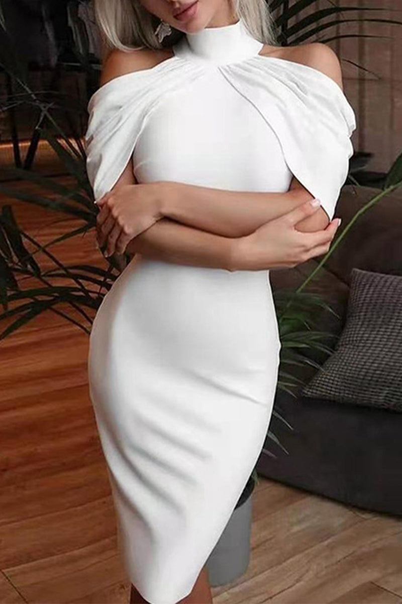 Sexy Simplicity Solid Solid Color Turtleneck Pencil Skirt Dresses White