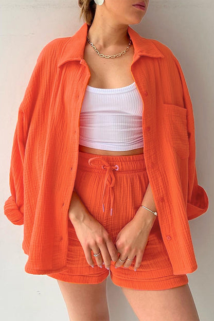 Casual Simplicity Solid Fold Turndown Collar Long Sleeve Two Pieces(6 Colors) Black Orange