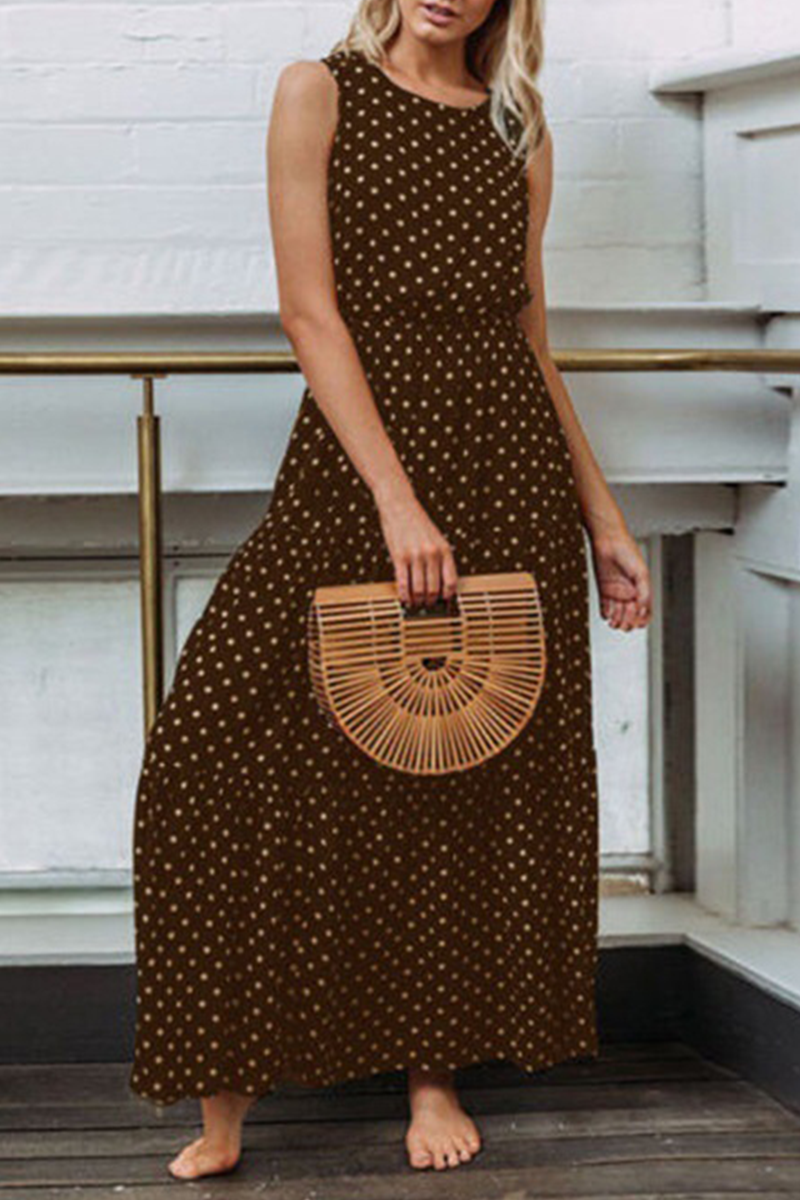 Casual Dot Patchwork O Neck Waist Skirt Dresses(4 Colors) Coffee