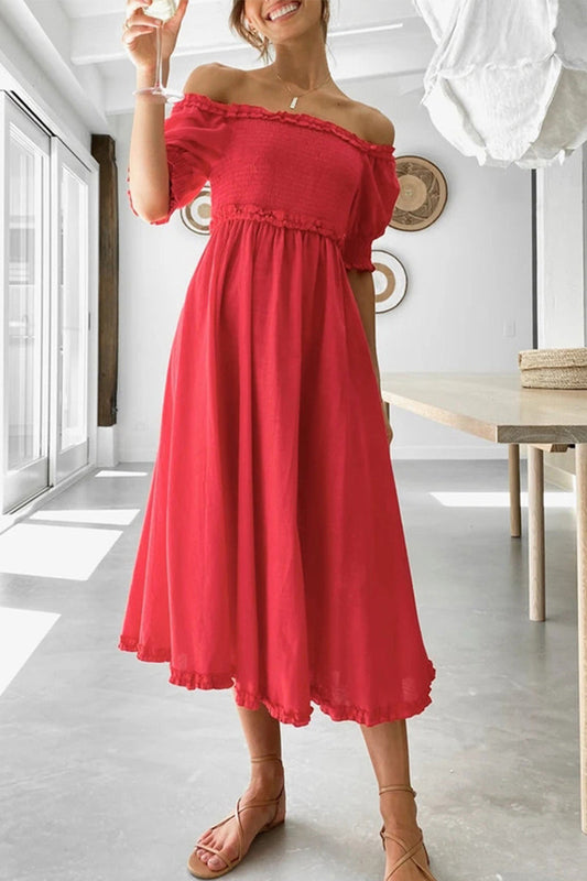 Sweet Elegant Solid Solid Color Off the Shoulder A Line Dresses(3 Colors) Red