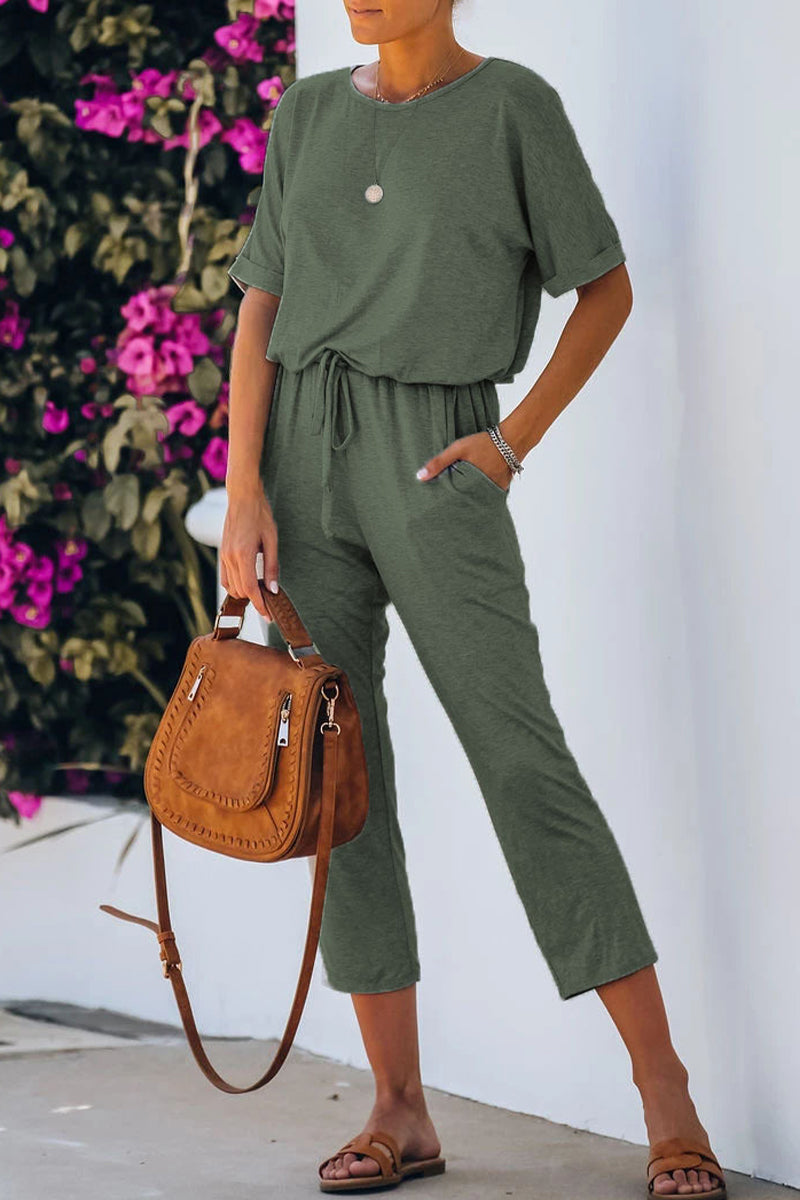 Casual Simplicity Solid Solid Color O Neck Regular Jumpsuits(4 Colors) Green