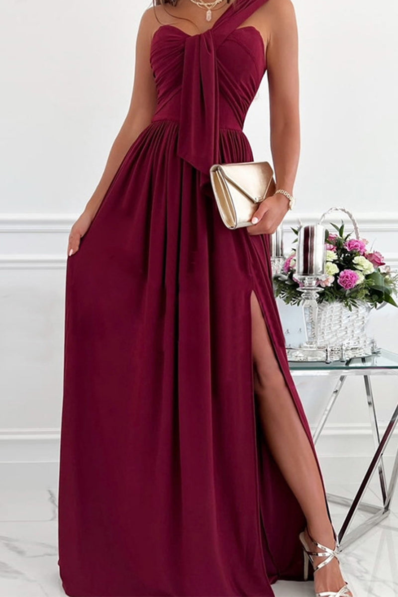 Elegant Formal Solid Asymmetrical Solid Color One Shoulder Irregular Dress Dresses Burgundy