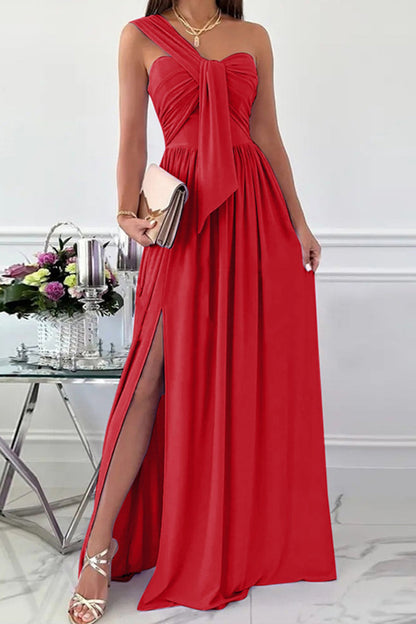 Elegant Formal Solid Asymmetrical Solid Color One Shoulder Irregular Dress Dresses Red