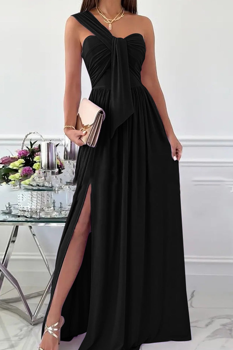 Elegant Formal Solid Asymmetrical Solid Color One Shoulder Irregular Dress Dresses Black