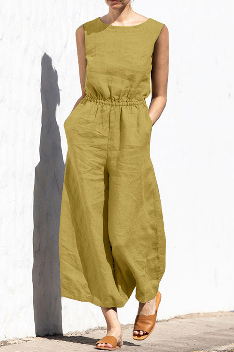 Casual Simplicity Solid Solid Color O Neck Loose Jumpsuits(4 Colors) Yellow