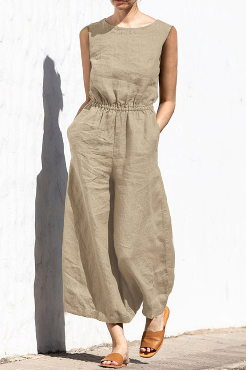 Casual Simplicity Solid Solid Color O Neck Loose Jumpsuits(4 Colors) Khaki